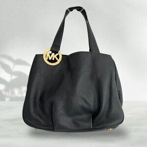 Michael Kors Fulton Hobo Handbag Purse Black Pebble Leather Large 13x11 MINT